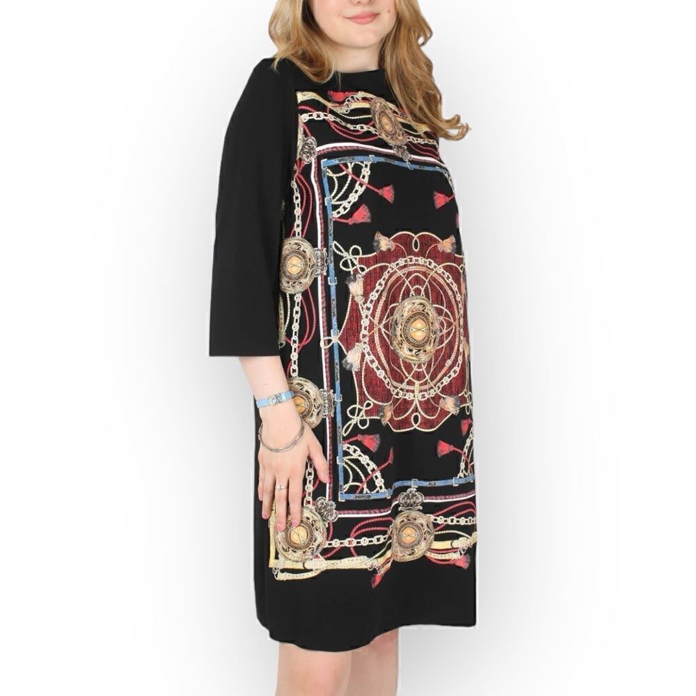ZARA Black 3/4 Sleeve Shift Dress Chain Print Crew Neck size L